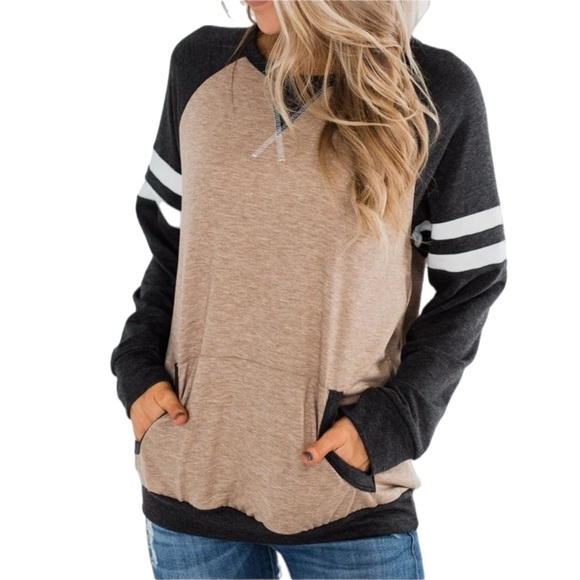 12 Pm By Mon Ami Tops - Raglan Long Sleeve Varsity Striped Top Charcoal & Mocha